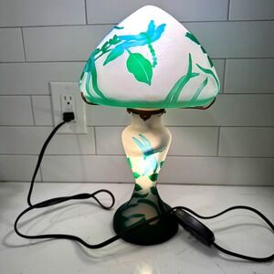 Table Lamp Mushroom‎ Frosted Glass Dragonfly Floral Art Deco VTG Galle Style 16"